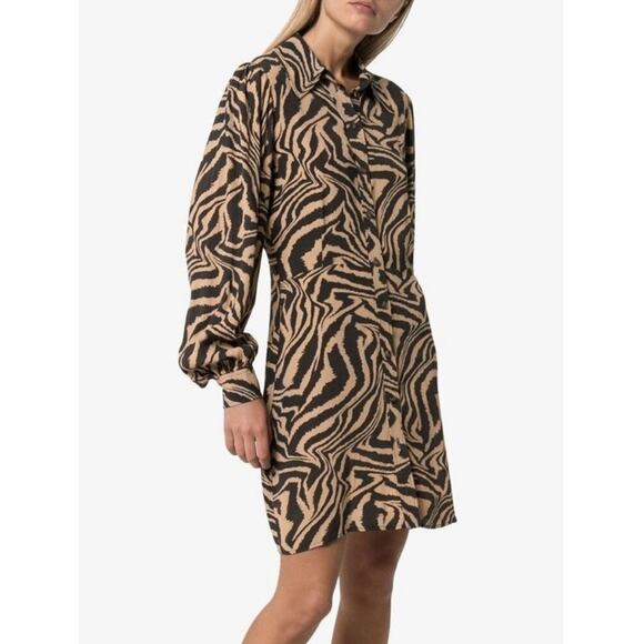 NEW GANNI Dress Womens 40/ US L Tan Black Zebra Print Crepe Mini Long Sleeves - Picture 1 of 10